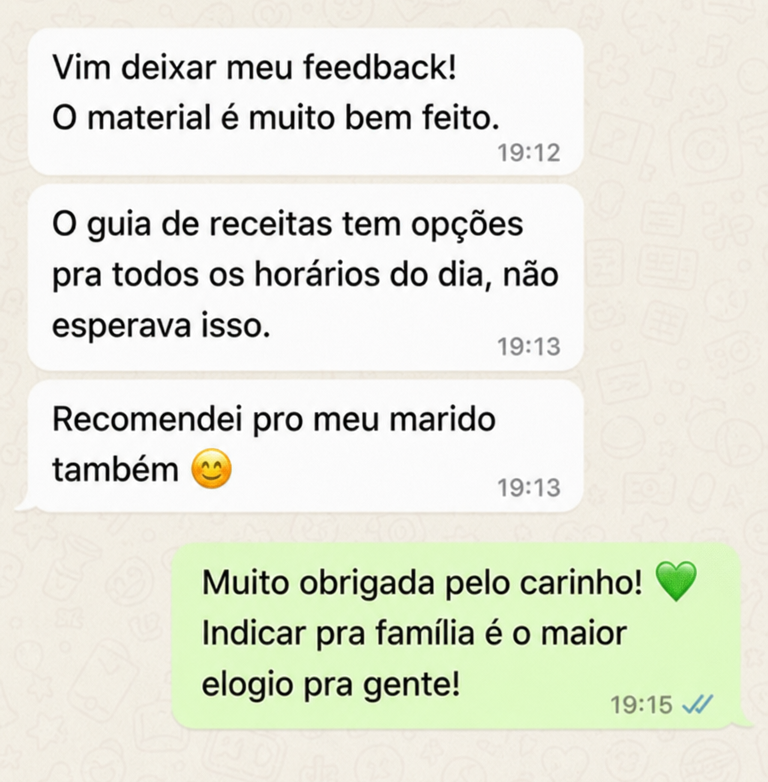 Depoimento sobre material bem feito e receitas para todos os horarios